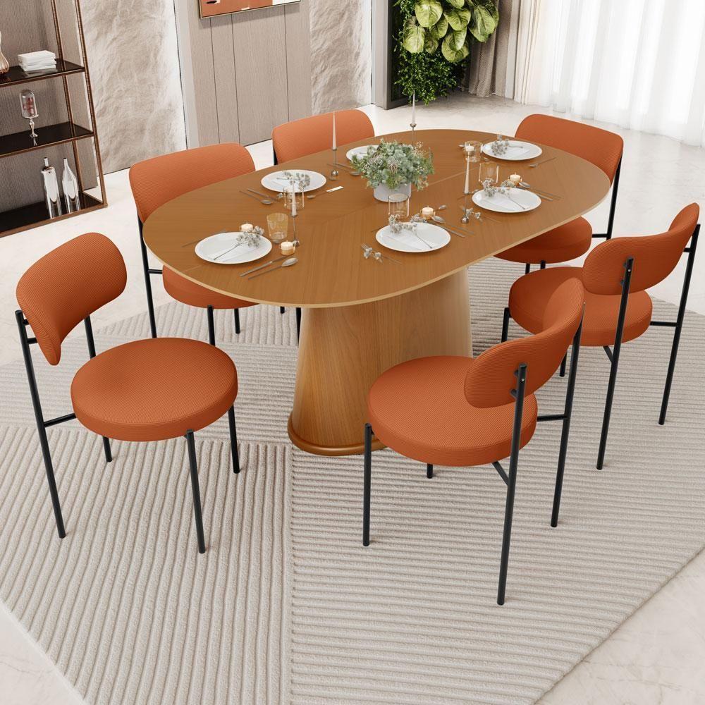 Mesa Para Sala De Jantar Valência Com 06 Cadeiras Sala De Jantar Louise L02 Tecido Terracota - Lyam Decor - 9