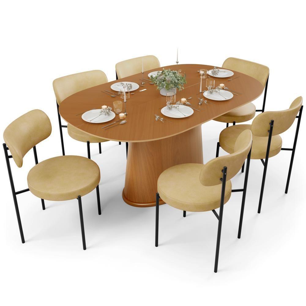 Mesa Para Sala De Jantar Valência Com 06 Cadeiras Sala De Jantar Louise L02 Couríssimo Fendi - Lyam Decor - 1