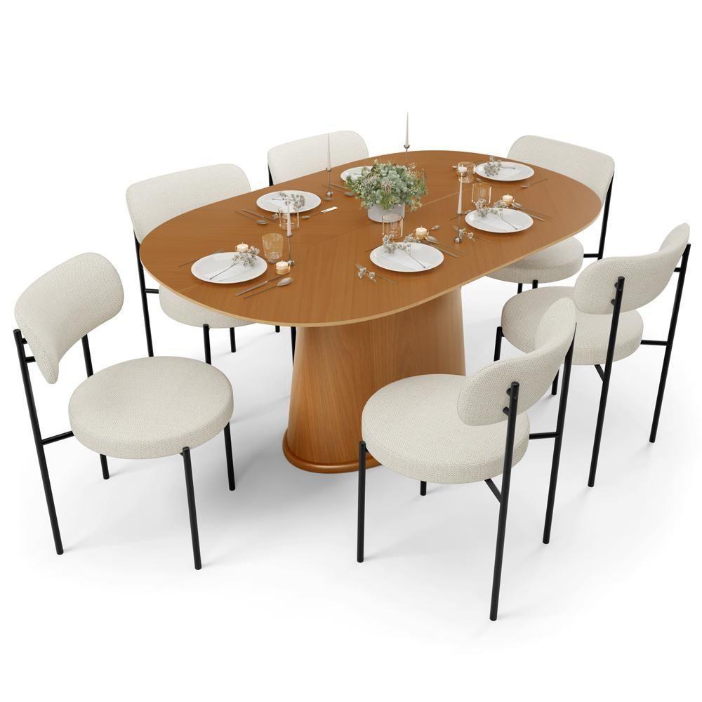 Mesa Para Sala De Jantar Valência Com 06 Cadeiras Sala De Jantar Louise L02 Linho Champagne - Lyam Decor - 1