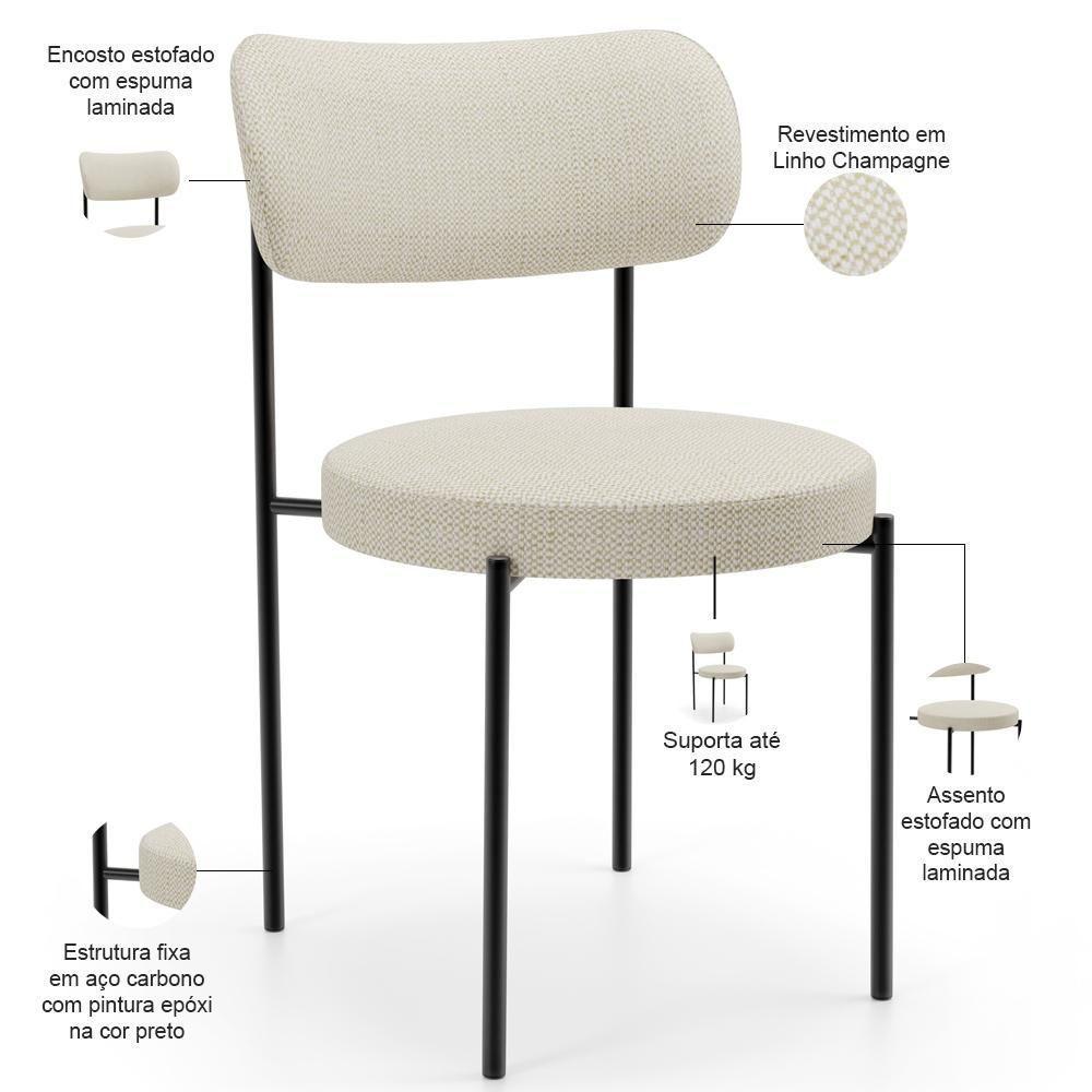 Mesa Para Sala De Jantar Valência Com 06 Cadeiras Sala De Jantar Louise L02 Linho Champagne - Lyam Decor - 7