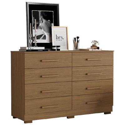 Cômoda Évora 8 Gavetas MDF com Puxador em MDF Amadeirado Acabamento Brilhante