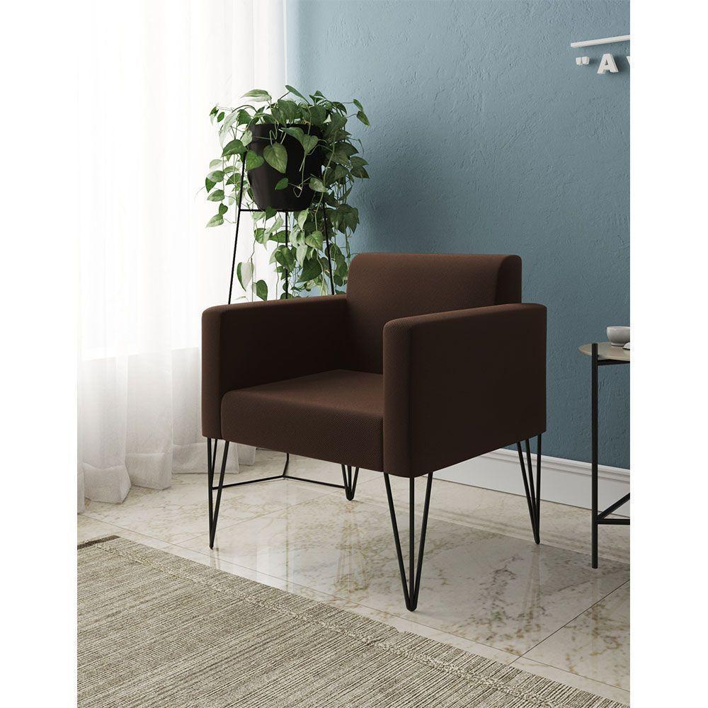 Poltrona Decorativa Turim Pés Hairpin Preto Tecido Suede Marrom - 1