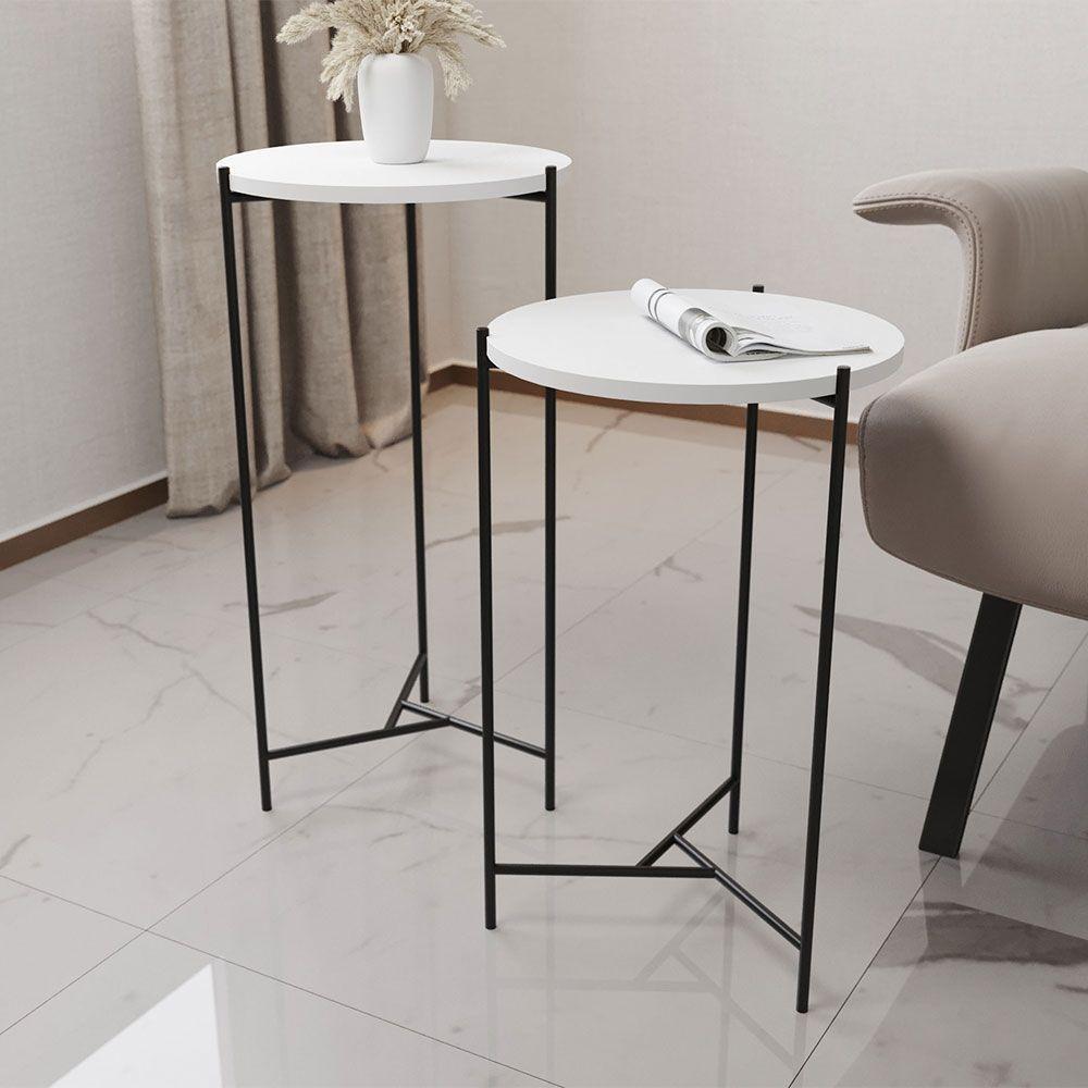 Mesa Lateral Redonda áquila Preta Tampo Branco - 1