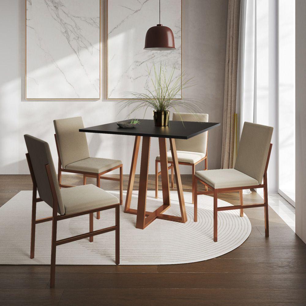 Conjunto De Jantar Mesa Mônaco 90cm Tampo Preto Com 4 Cadeiras Bege Base Cobre Preto - 1