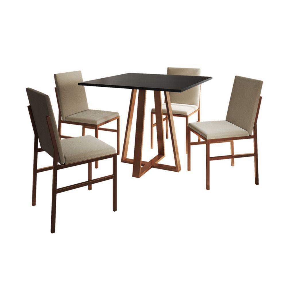 Conjunto De Jantar Mesa Mônaco 90cm Tampo Preto Com 4 Cadeiras Bege Base Cobre Preto - 4