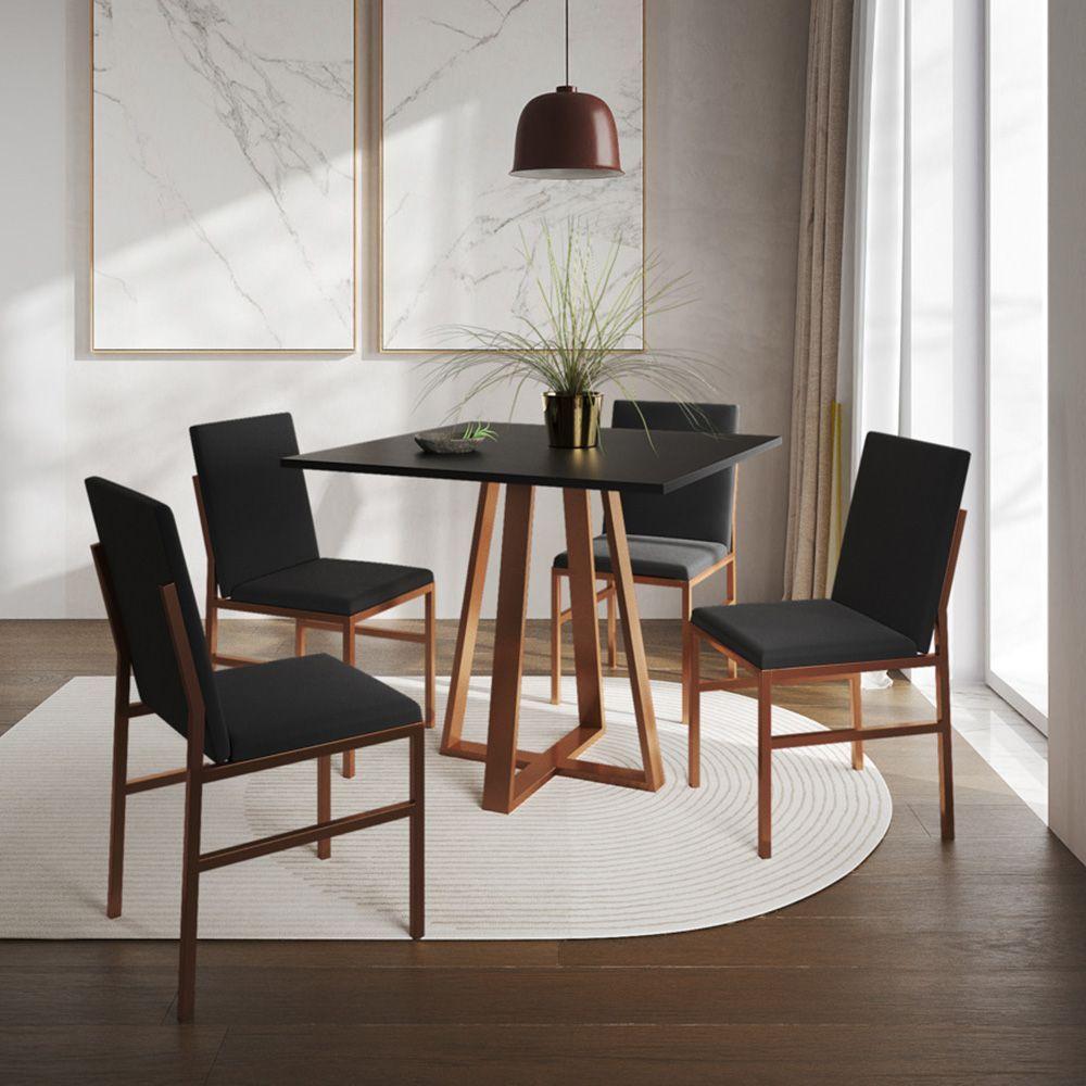 Conjunto De Jantar Mesa Mônaco 90cm Tampo Preto Com 4 Cadeiras Pretas Base Cobre Preto - 1