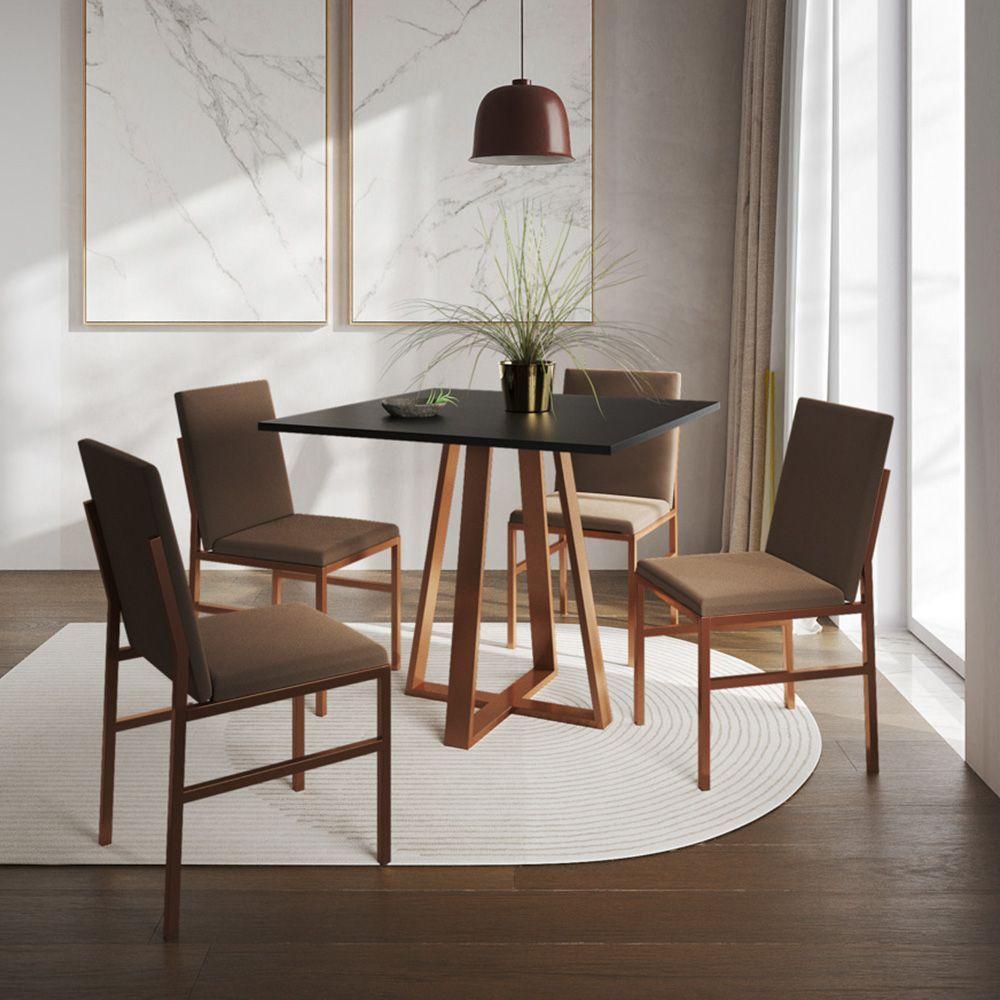 Conjunto De Jantar Mesa Mônaco 90cm Tampo Preto Com 4 Cadeiras Marrom Base Cobre Preto - 1