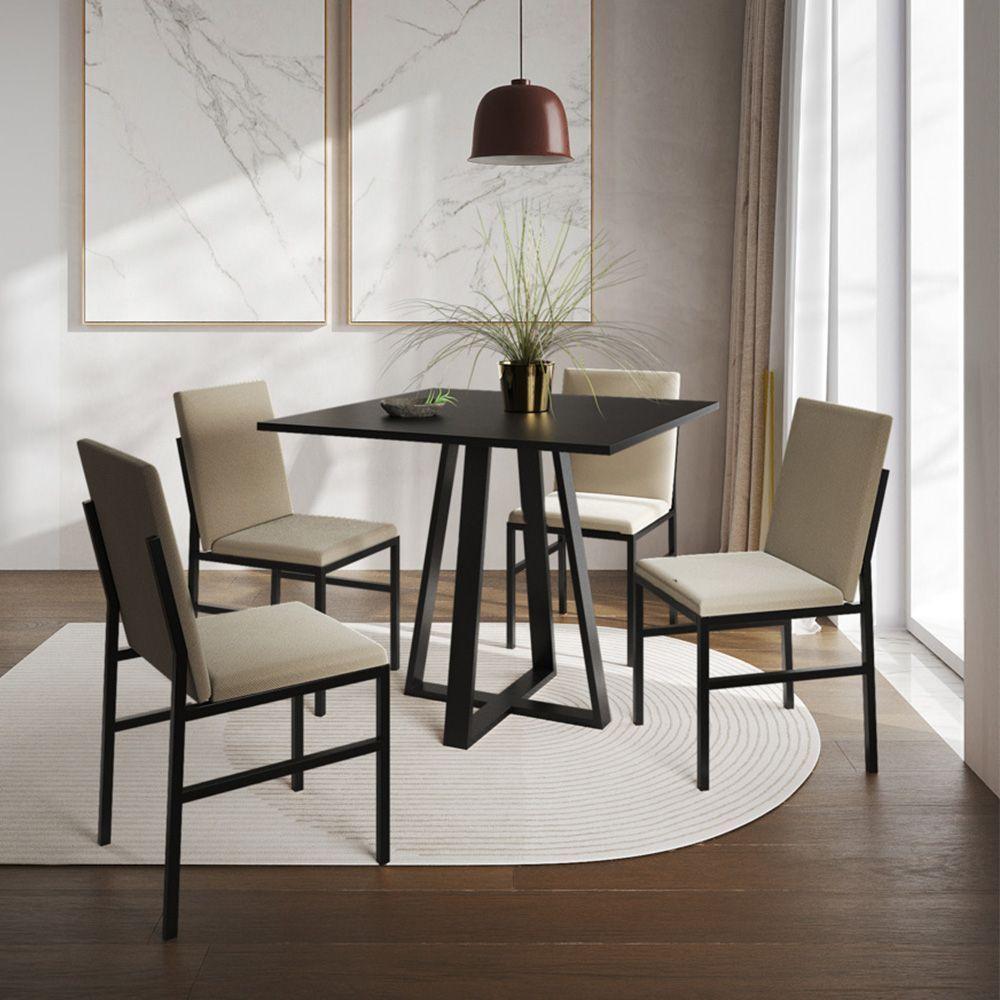 Conjunto De Jantar Mesa Mônaco 90cm Tampo Preto Com 4 Cadeiras Estofadas Bege Preto - 1