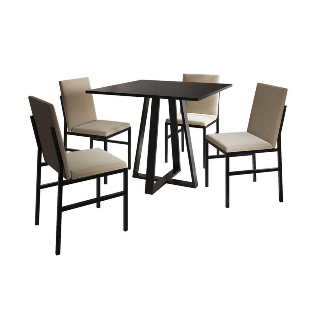Conjunto De Jantar Mesa Mônaco 90cm Tampo Preto Com 4 Cadeiras Estofadas Bege Preto - 6