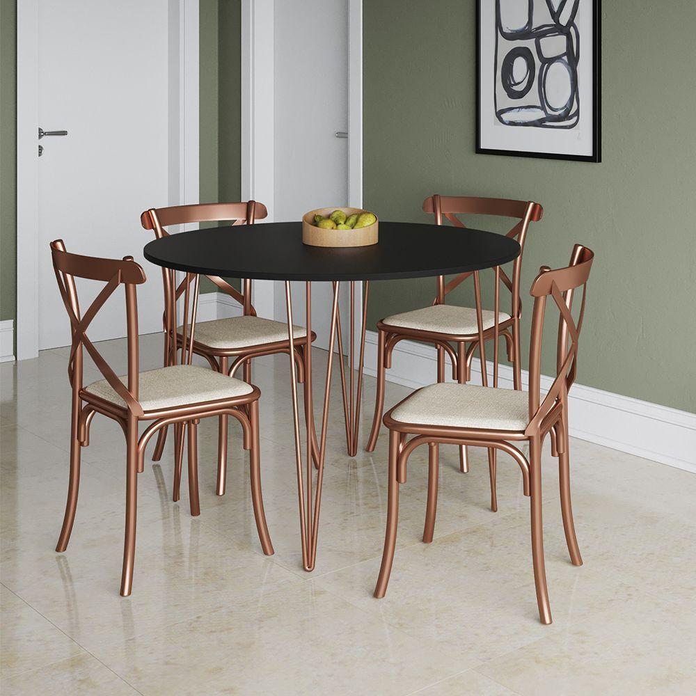 Mesa Com 4 Cadeiras Katrina Cobre Elen Hairpin 110cm Jantar Preta Base Cobre Marrom - 1
