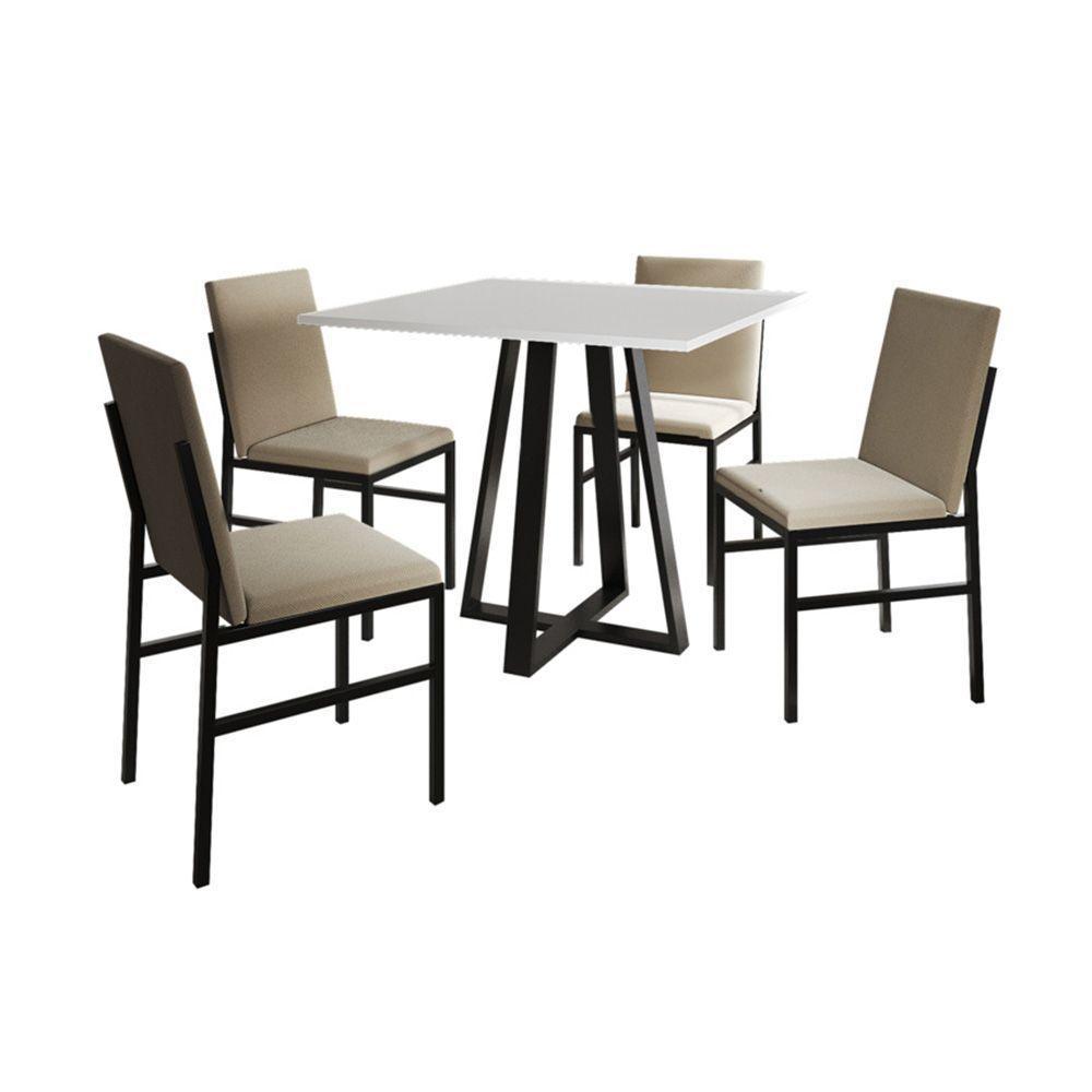 Conjunto De Jantar Mesa Mônaco 90cm Tampo Branco Com 4 Cadeiras Estofadas Bege Preto - 4