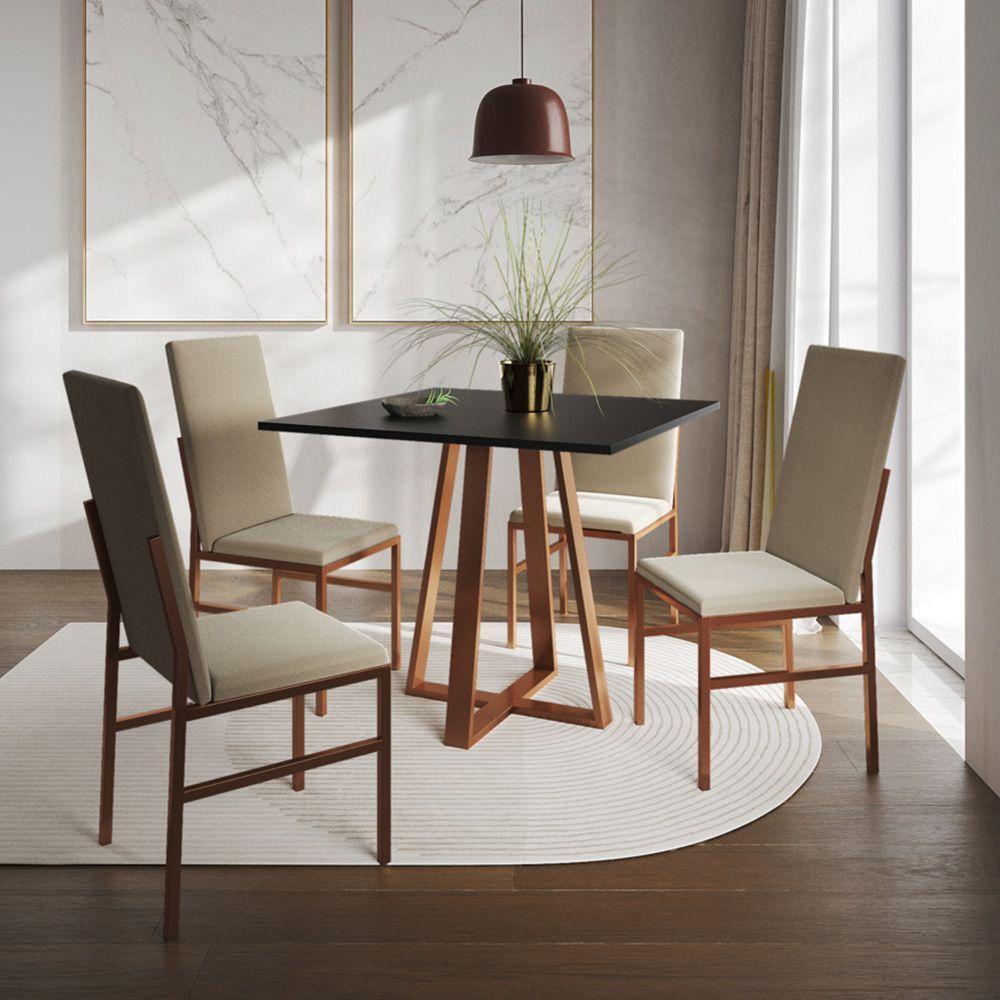 Conjunto De Jantar Mesa Mônaco Premium 90cm Preta Com 4 Cadeiras Estofadas Bege Base Cobre Preto - 1
