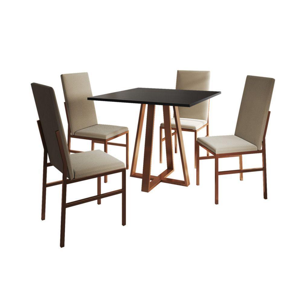 Conjunto De Jantar Mesa Mônaco Premium 90cm Preta Com 4 Cadeiras Estofadas Bege Base Cobre Preto - 4