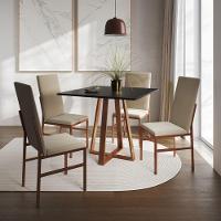 Conjunto De Jantar Mesa Mônaco Premium 90cm Preta Com 4 Cadeiras Estofadas Bege Base Cobre Preto - 1
