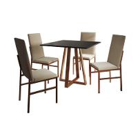 Conjunto De Jantar Mesa Mônaco Premium 90cm Preta Com 4 Cadeiras Estofadas Bege Base Cobre Preto - 4