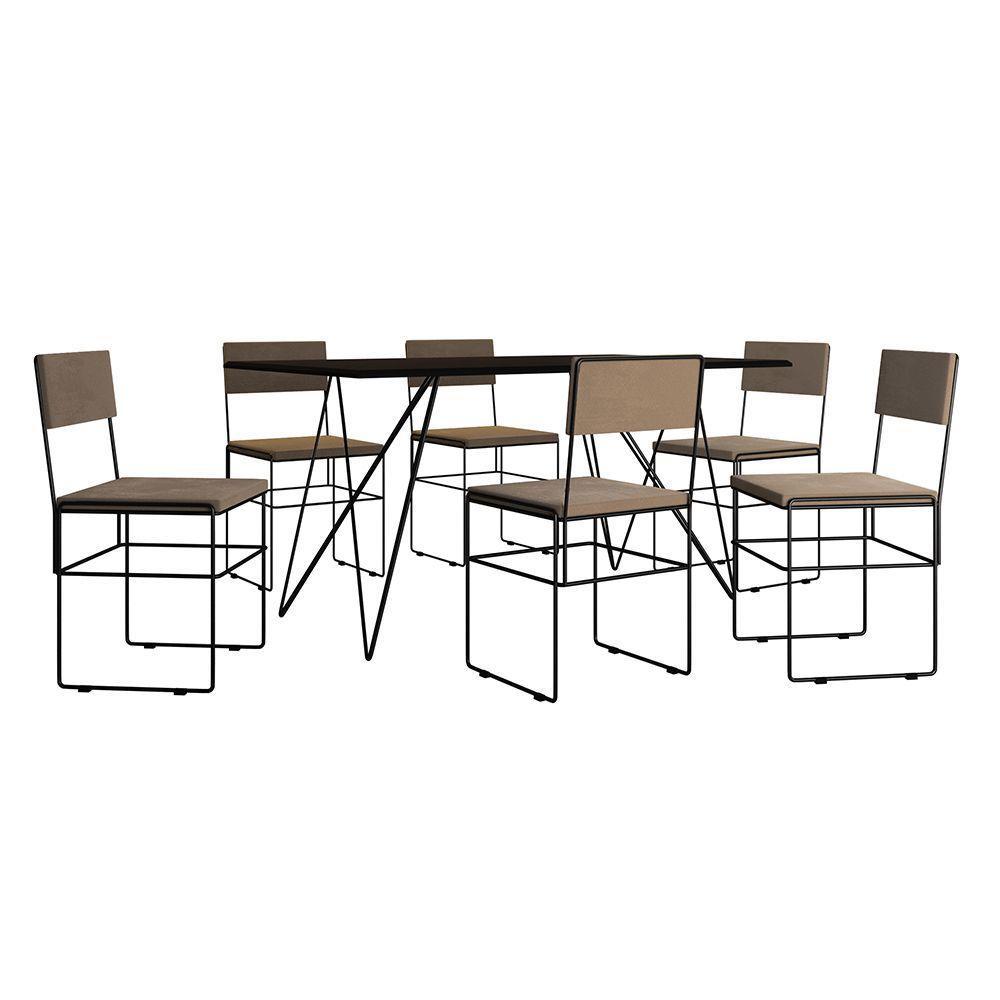 Mesa Jantar Retangular Industrial Trama 1,50x0,90m Preta Com 6 Cadeiras Estofadas Bege E Preta Vitór Preto - 6