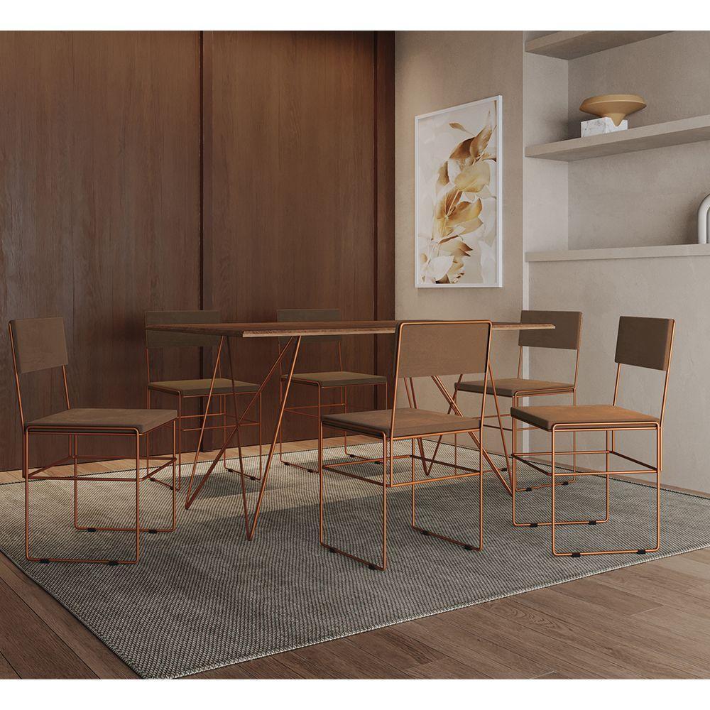 Mesa Jantar Retangular Industrial Trama 1,50x0,90m Amêndoa 6 Cadeiras Estofadas Marrom E Cobre Vitór Marrom - 1