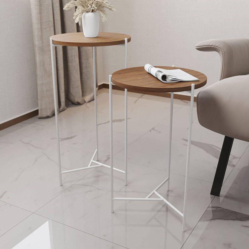 Mesa Lateral Redonda áquila Branca E Tampo Imbuia Marrom - 1