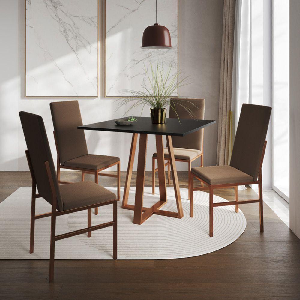 Conjunto De Jantar Mesa Mônaco Premium 90cm Preta Com 4 Cadeiras Estofadas Marrom Base Cobre Preto - 1