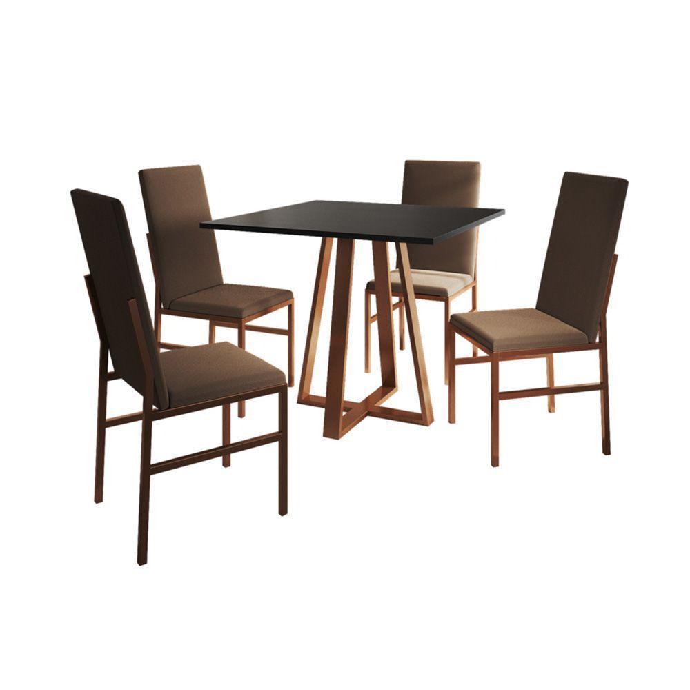 Conjunto De Jantar Mesa Mônaco Premium 90cm Preta Com 4 Cadeiras Estofadas Marrom Base Cobre Preto - 4
