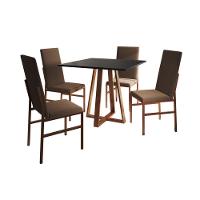 Conjunto De Jantar Mesa Mônaco Premium 90cm Preta Com 4 Cadeiras Estofadas Marrom Base Cobre Preto - 4