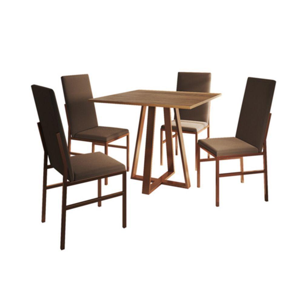 Conjunto De Jantar Mesa Mônaco Premium 90cm Imbuia Com 4 Cadeiras Estofadas Marrom Base Cobre Preto - 4