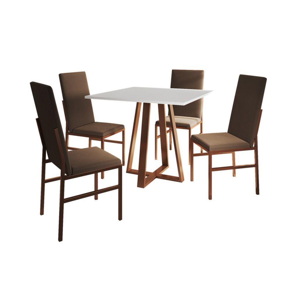 Conjunto De Jantar Mesa Mônaco Premium 90cm Branca Com 4 Cadeiras Estofadas Marrom Base Cobre Preto - 4