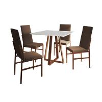 Conjunto De Jantar Mesa Mônaco Premium 90cm Branca Com 4 Cadeiras Estofadas Marrom Base Cobre Preto - 4