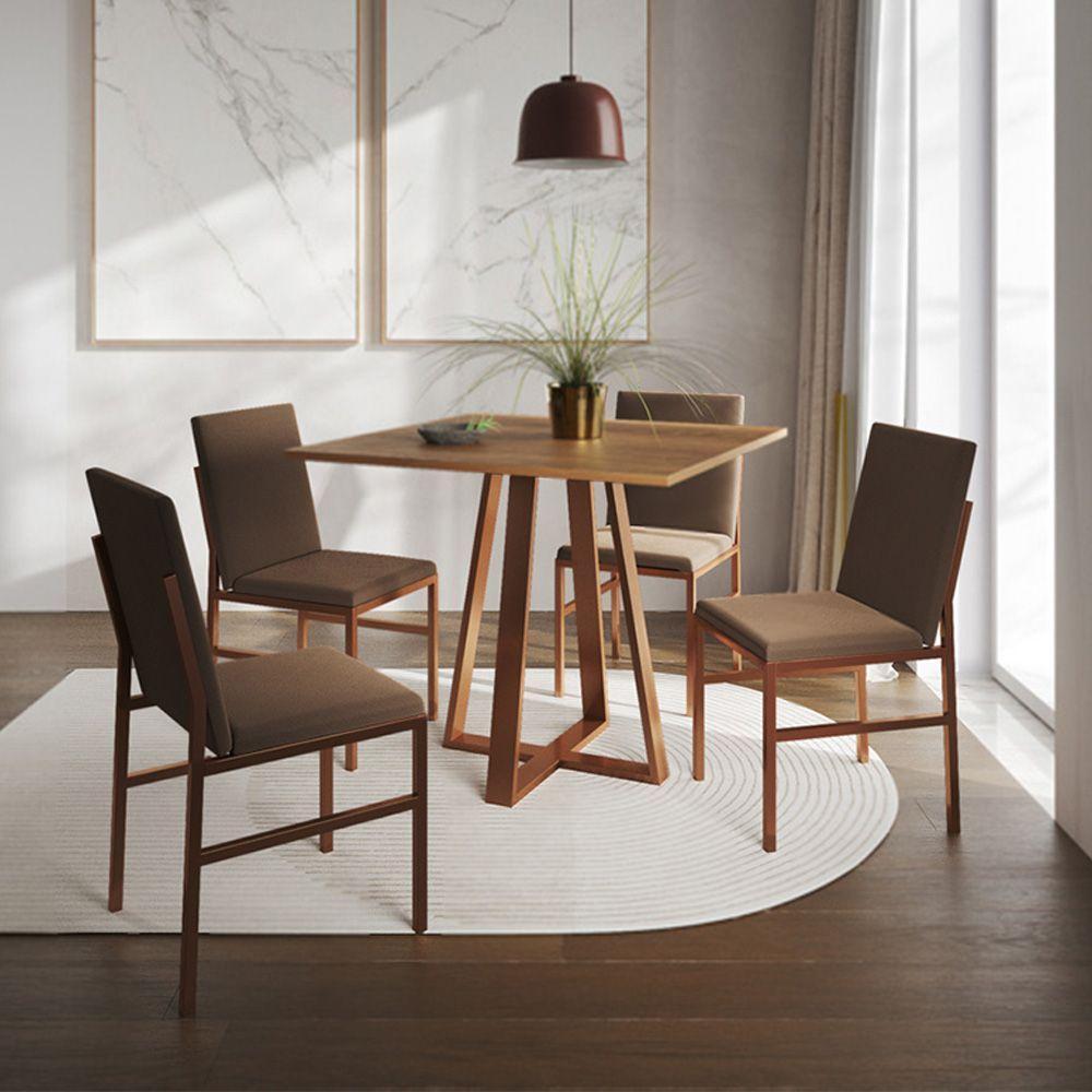 Conjunto De Jantar Mesa Mônaco 90cm Tampo Imbuia Com 4 Cadeiras Marrom Base Cobre Preto - 1