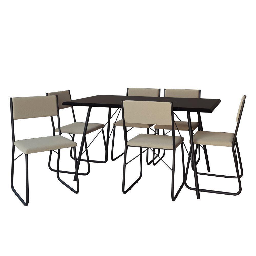 Mesa Jantar Paraty 150cm Tampo Preto Com Cadeiras 6 Cadeiras Angra Estofadas Preta E Bege Preto - 6