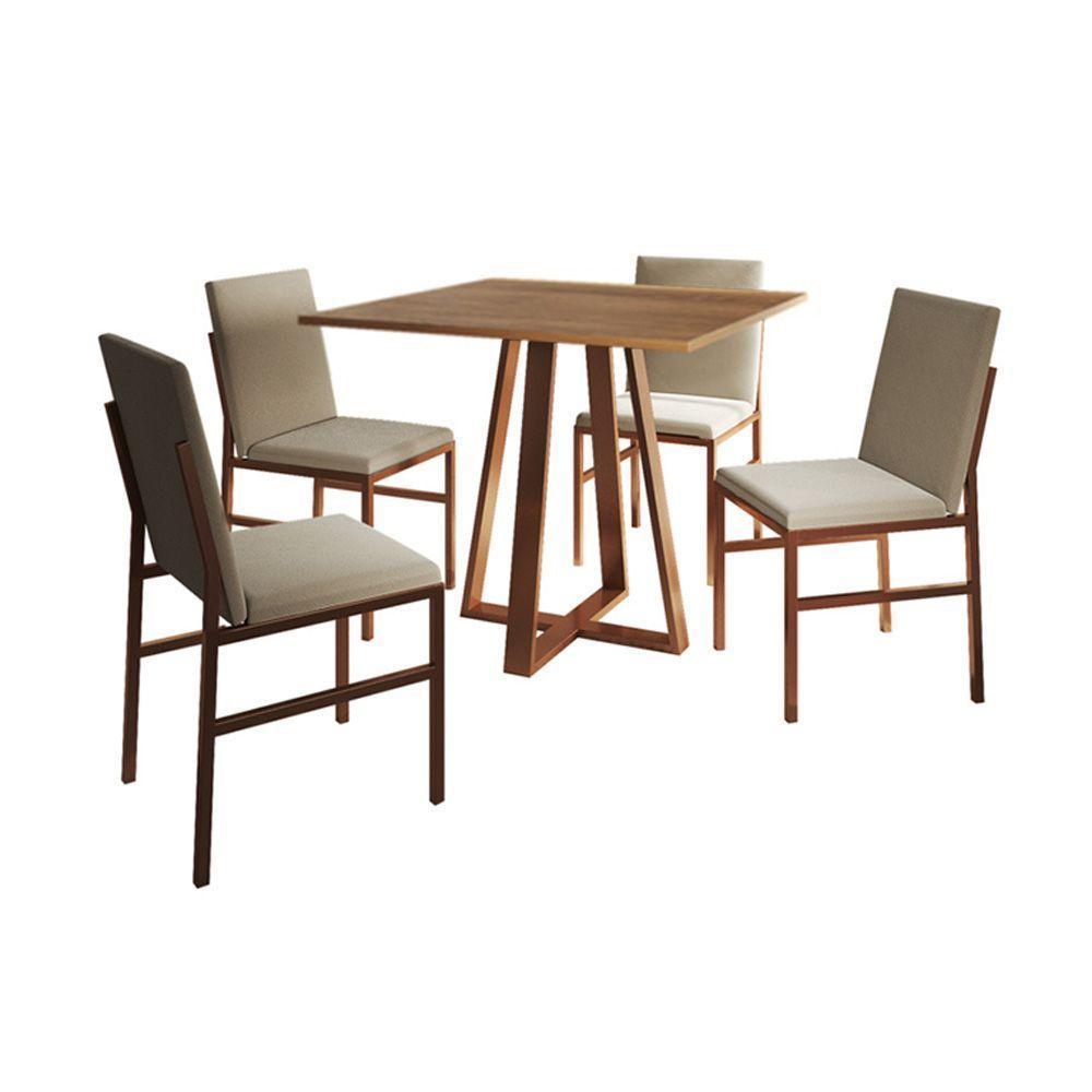 Conjunto De Jantar Mesa Mônaco 90cm Tampo Imbuia Com 4 Cadeiras Bege Base Cobre Preto - 4