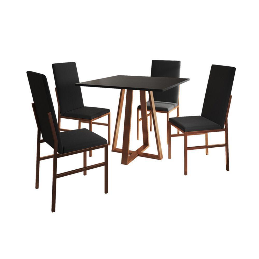Conjunto De Jantar Mesa Mônaco Premium 90cm Preta Com 4 Cadeiras Estofadas Pretas Base Cobre Preto - 4