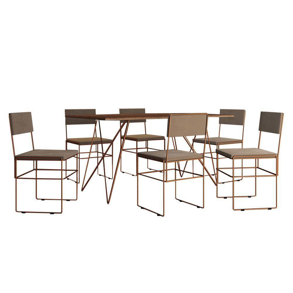 Mesa Jantar Retangular Industrial Trama 1,50x0,90m Amêndoa 6 Cadeiras Estofadas Bege E Cobre Vitória Marrom - 5