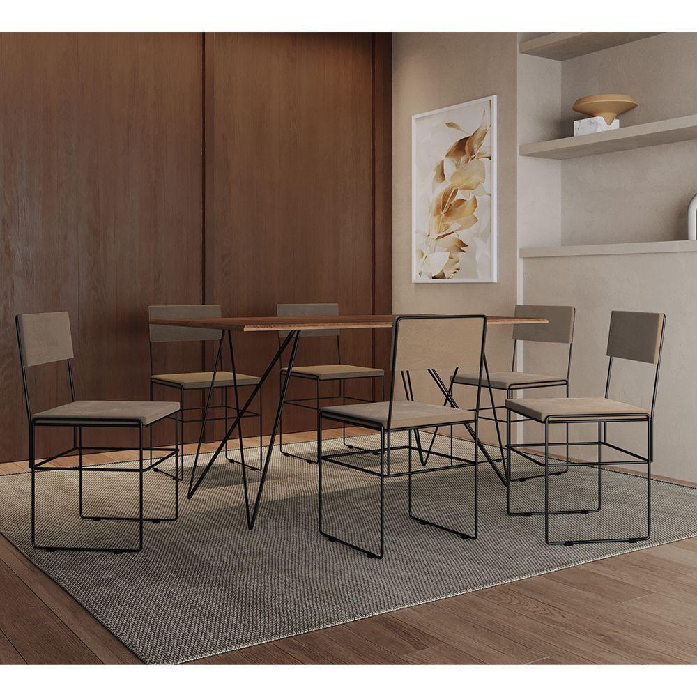 Mesa Jantar Retangular Industrial Trama 1,50x0,90m Amêndoa 6 Cadeiras Estofadas Bege E Preto Vitória Marrom - 1