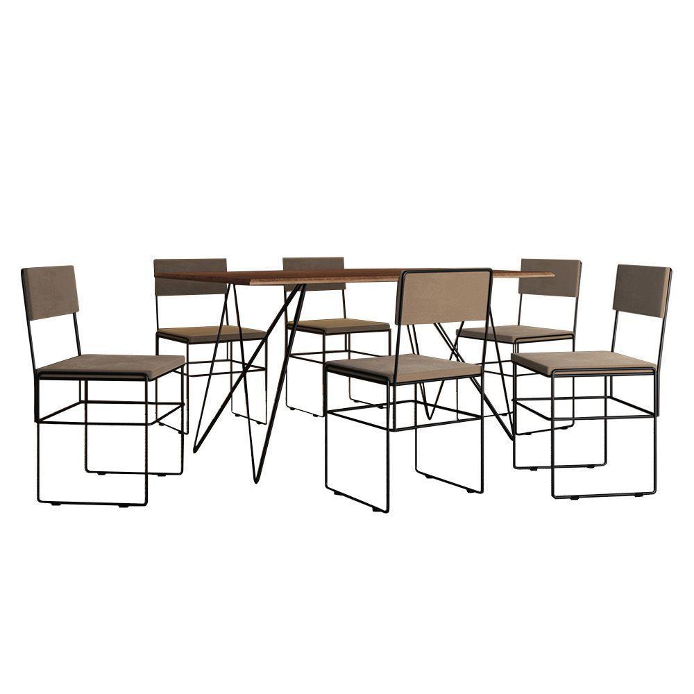Mesa Jantar Retangular Industrial Trama 1,50x0,90m Amêndoa 6 Cadeiras Estofadas Bege E Preto Vitória Marrom - 6