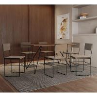 Mesa Jantar Retangular Industrial Trama 1,50x0,90m Amêndoa 6 Cadeiras Estofadas Bege E Preto Vitória Marrom - 1