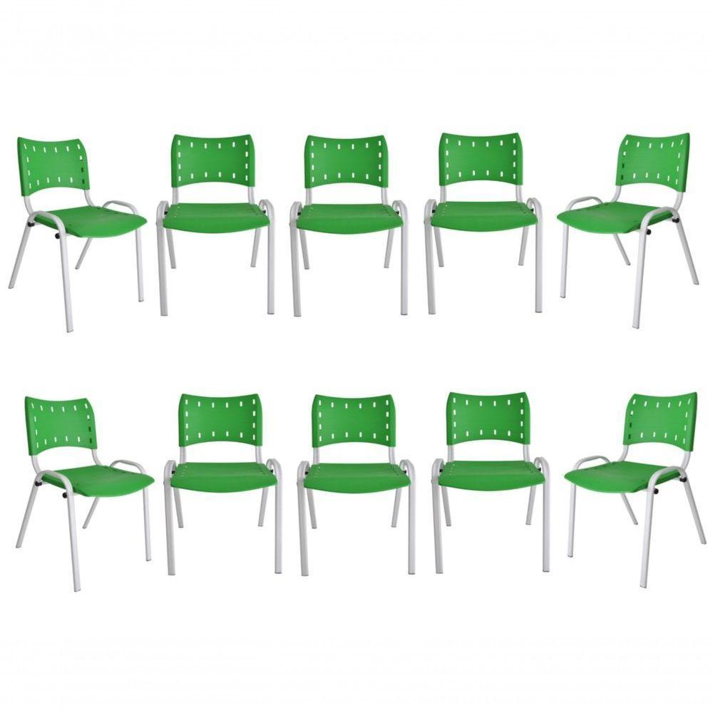 Kit 10 Cadeiras Iso Para Escola Escritório Comércio Verde Base Branca - 1