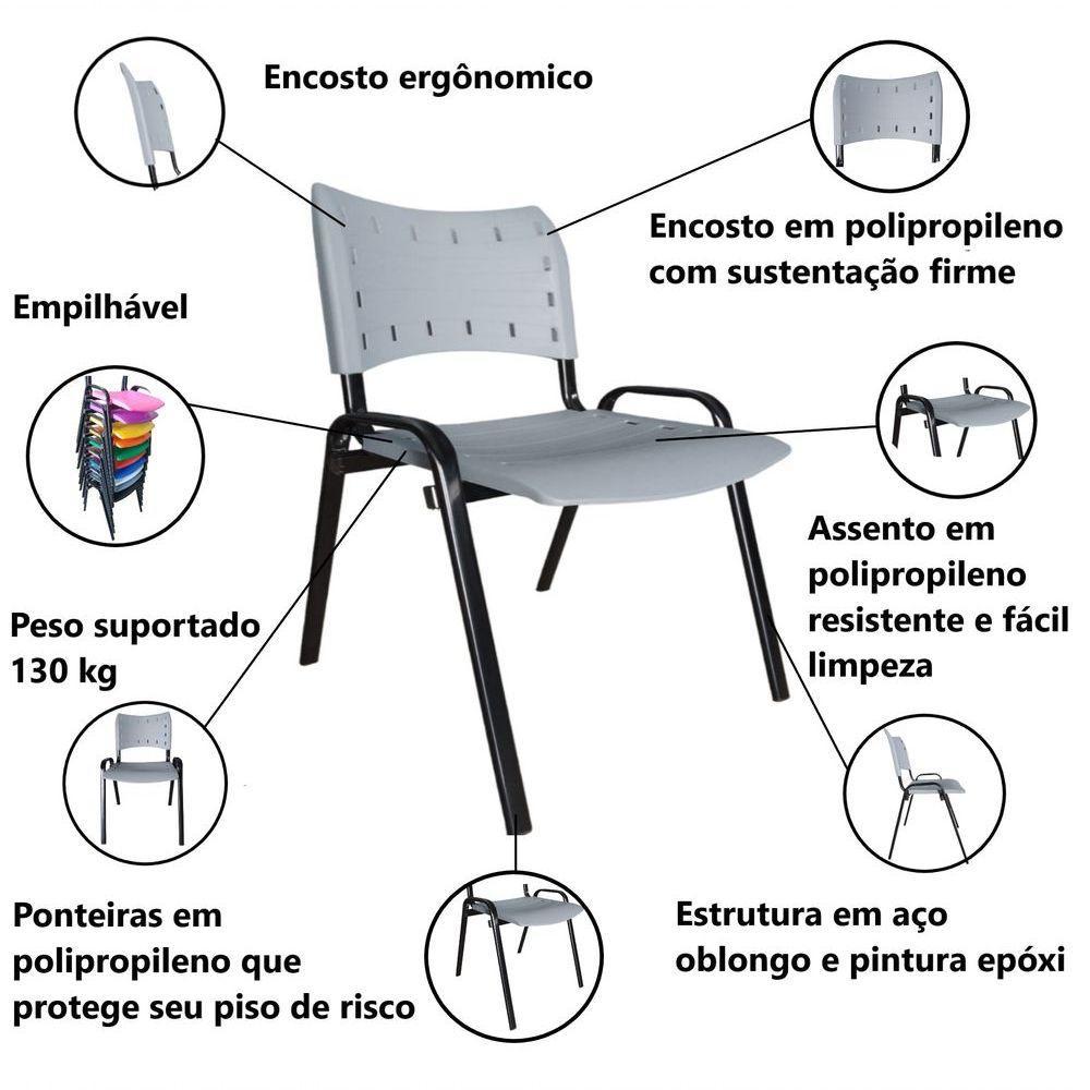 Kit 9 Cadeiras Iso Para Escola Escritório Comércio Cinza Base Preta - 7