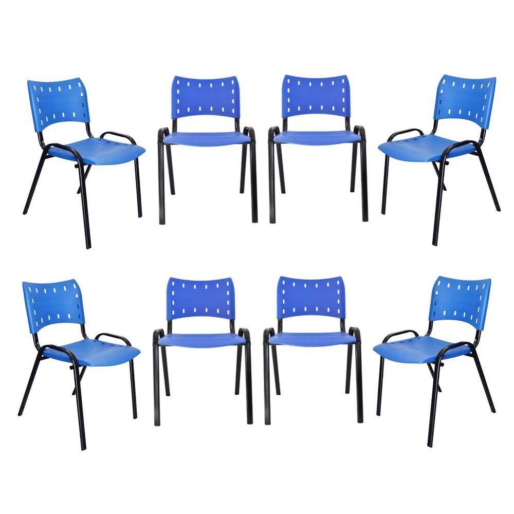 Kit 8 Cadeiras Iso Para Escola Escritório Comércio Azul Base Preta - 1