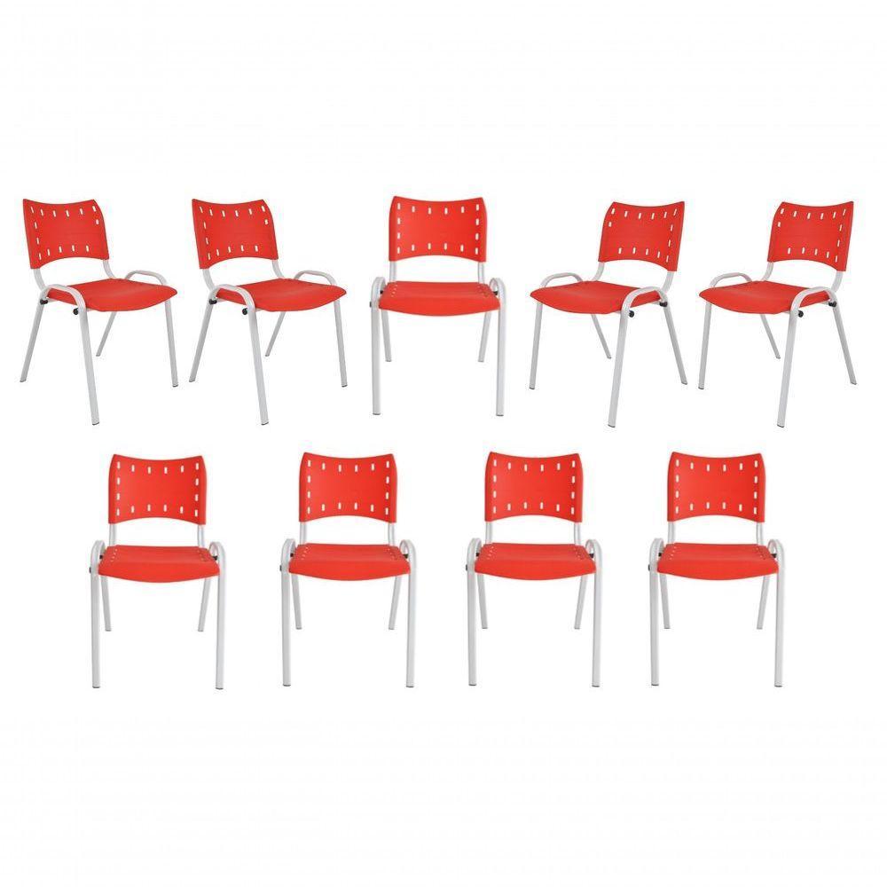 Kit 9 Cadeiras Iso Para Escola Escritório Comércio Vermelha Base Branca - 1