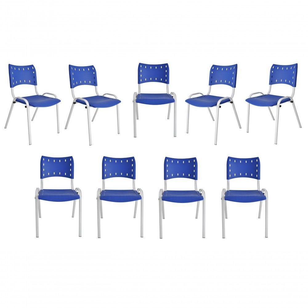 Kit 9 Cadeiras Iso Para Escola Escritório Comércio Azul Base Branca - 1