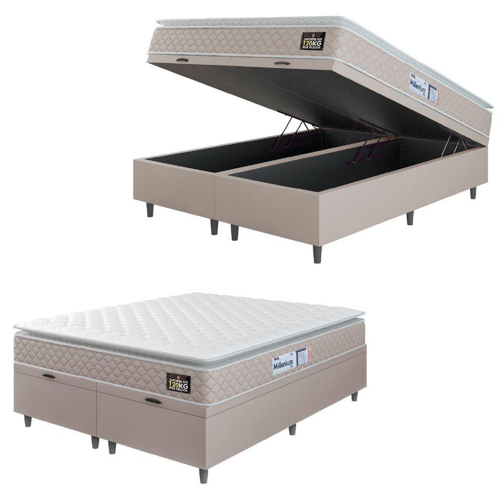 Cama Box Baú Casal Queen Colchão Espuma D33 Pillow Top Millenium 158x198x60cm Suede Bege/branco - 1