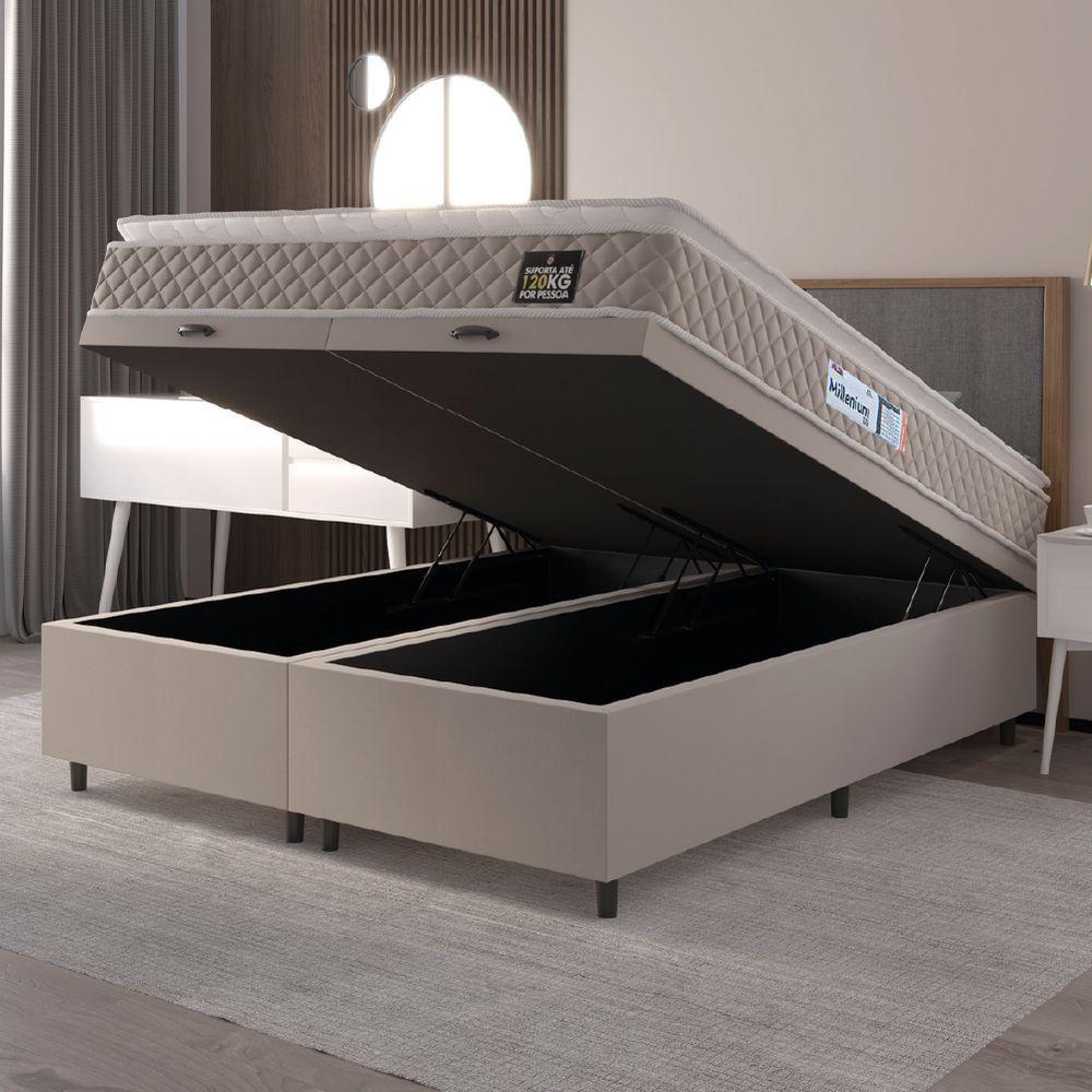Cama Box Baú Casal Queen Colchão Espuma D33 Pillow Top Millenium 158x198x60cm Suede Bege/branco - 5