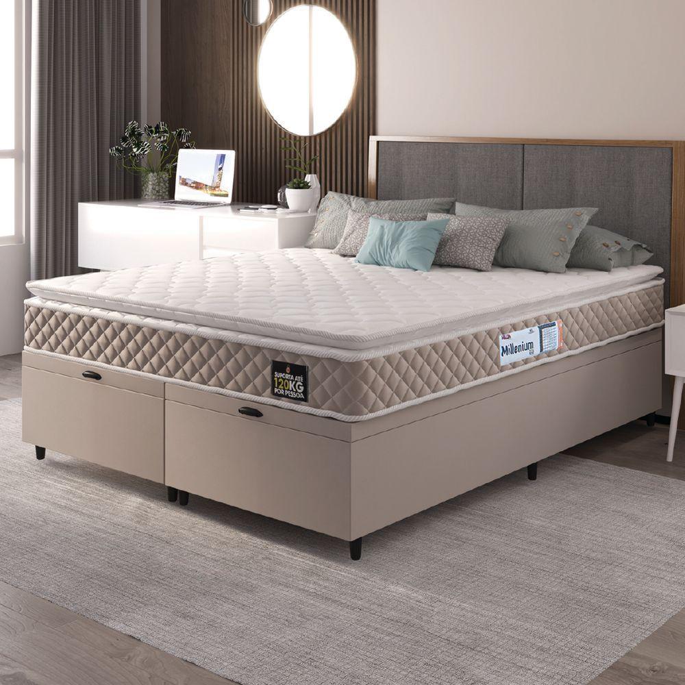 Cama Box Baú Casal Queen Colchão Espuma D33 Pillow Top Millenium 158x198x60cm Suede Bege/branco - 6