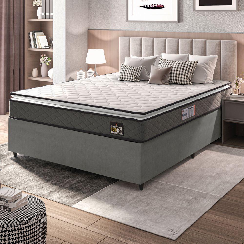 Cama Box Casal Queen Colchão Espuma D33 Pillow Top Millenium 158x198x57cm Suede Cinza/branco Hellen - 5