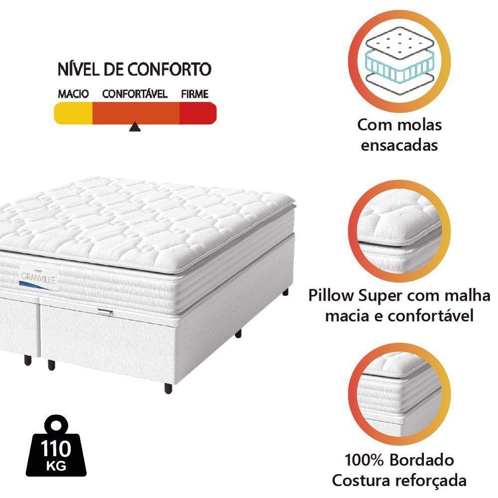 Cama Box Baú Casal King Colchão Molas Ensacadas Granville Com Pillow 193x203x69cm Branco - 2