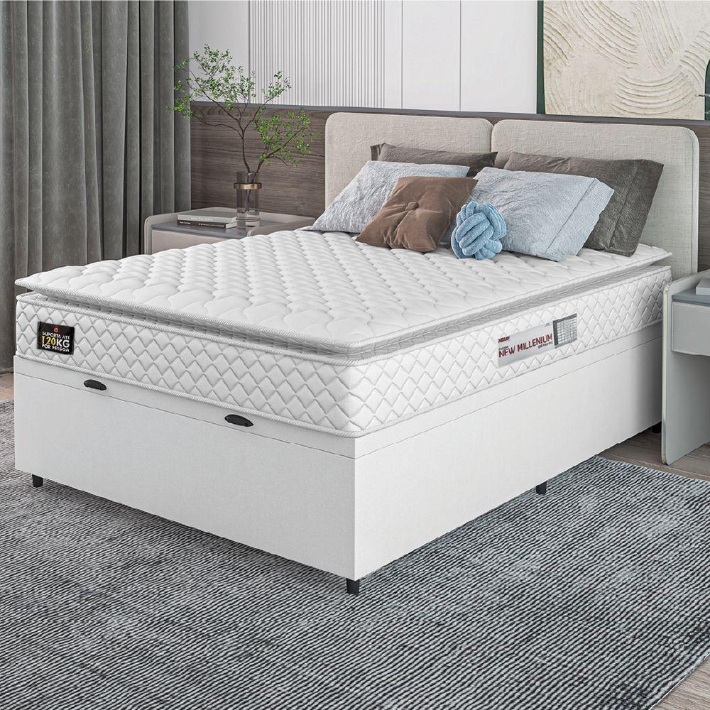 Cama Box Baú Casal Colchão Espuma D33 Pillow Top New Millenium 138x188x60cm Branco Hellen - 6