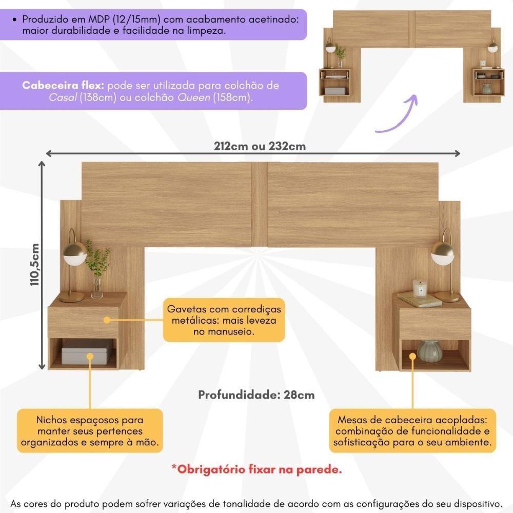 Cabeceira Casal/queen Com 2 Mesas De Cabeceira 232cm Multimóveis Mp4317 Madeirado Madeirado - 6