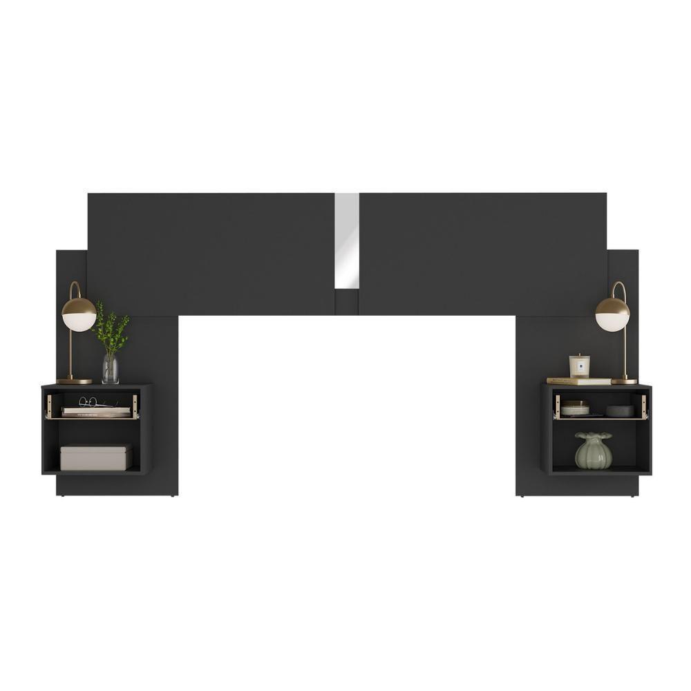 Cabeceira Casal/queen Com Espelhos E 2 Mesas De Cabeceira 232cm Multimóveis Mp4324 Preto Preto - 7