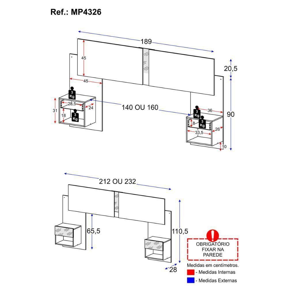 Cabeceira Casal/queen Com Espelhos E 2 Mesas De Cabeceira 232cm Multimóveis Mp4326 Branco Branco - 7